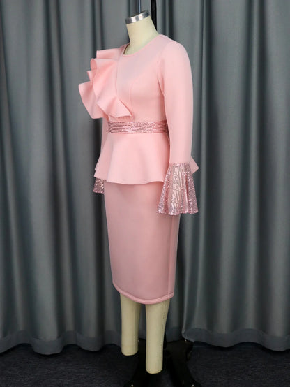 Church Dresses for Women Elegant Ruffles Long Flare Sleeves Sequined Party Bodycon Peplum Classy Occasion African Wedding Guest