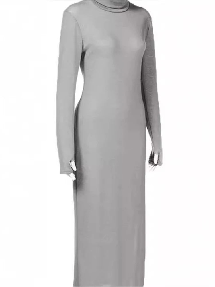 Women Elegant Turtleneck Long Dresses Fashionable Solid Color Long Dresses Slim Fit Sexy Bottom Slit Skirts Spring Autumn New