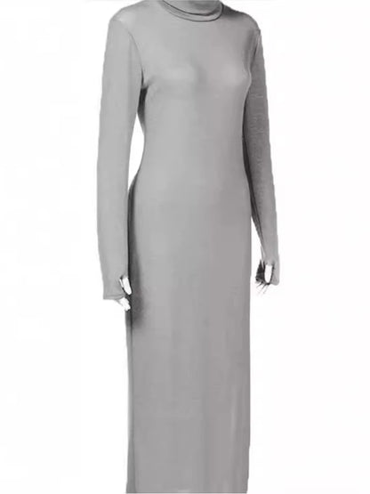 Women Elegant Turtleneck Long Dresses Fashionable Solid Color Long Dresses Slim Fit Sexy Bottom Slit Skirts Spring Autumn New
