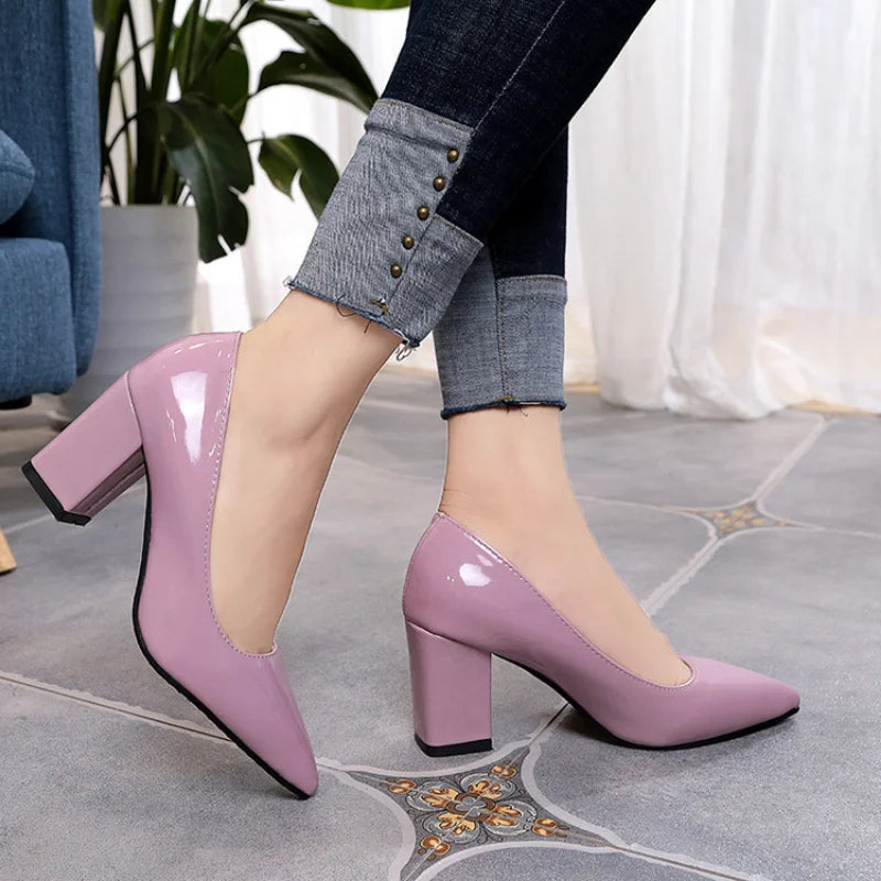New Women's Work Shoes Pointed Toe Single Shoes with Chunky Heels Suitable for Office Cross Mirrored Big Size 33-43 Heels Women