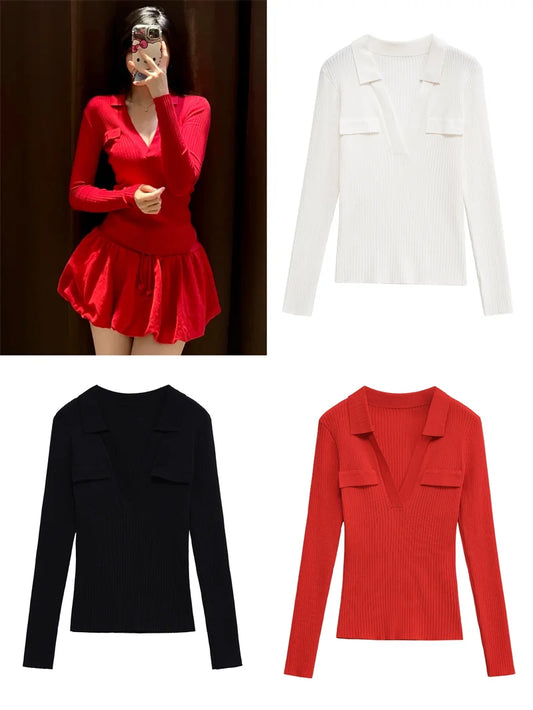 Women's Tops New Fall 2025 Solid Color Long Sleeve Lapel Slim Knit Top Sexy V-Neck Design Casual Fashion Personality Versatile