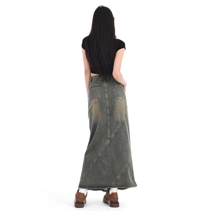 Women Denim Skirt Y2k Emo 2000s Clothes Long Skirt Harajuku Korean 90s Fashion Vintage Gradient A-line Jean Skirt Grunge Clothes