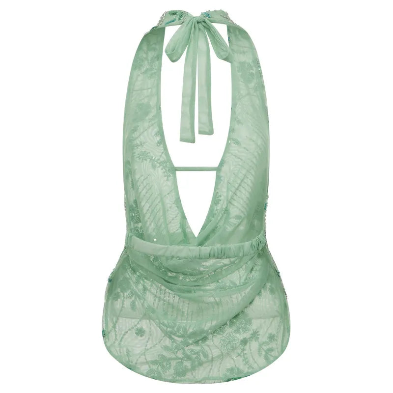 hirigin Sexy Glitter Sequin Tank Tops Women Y2K Fashion Deep V-neck Hollow Out Cropped Tops Tee Summer New Backless Beach Tops