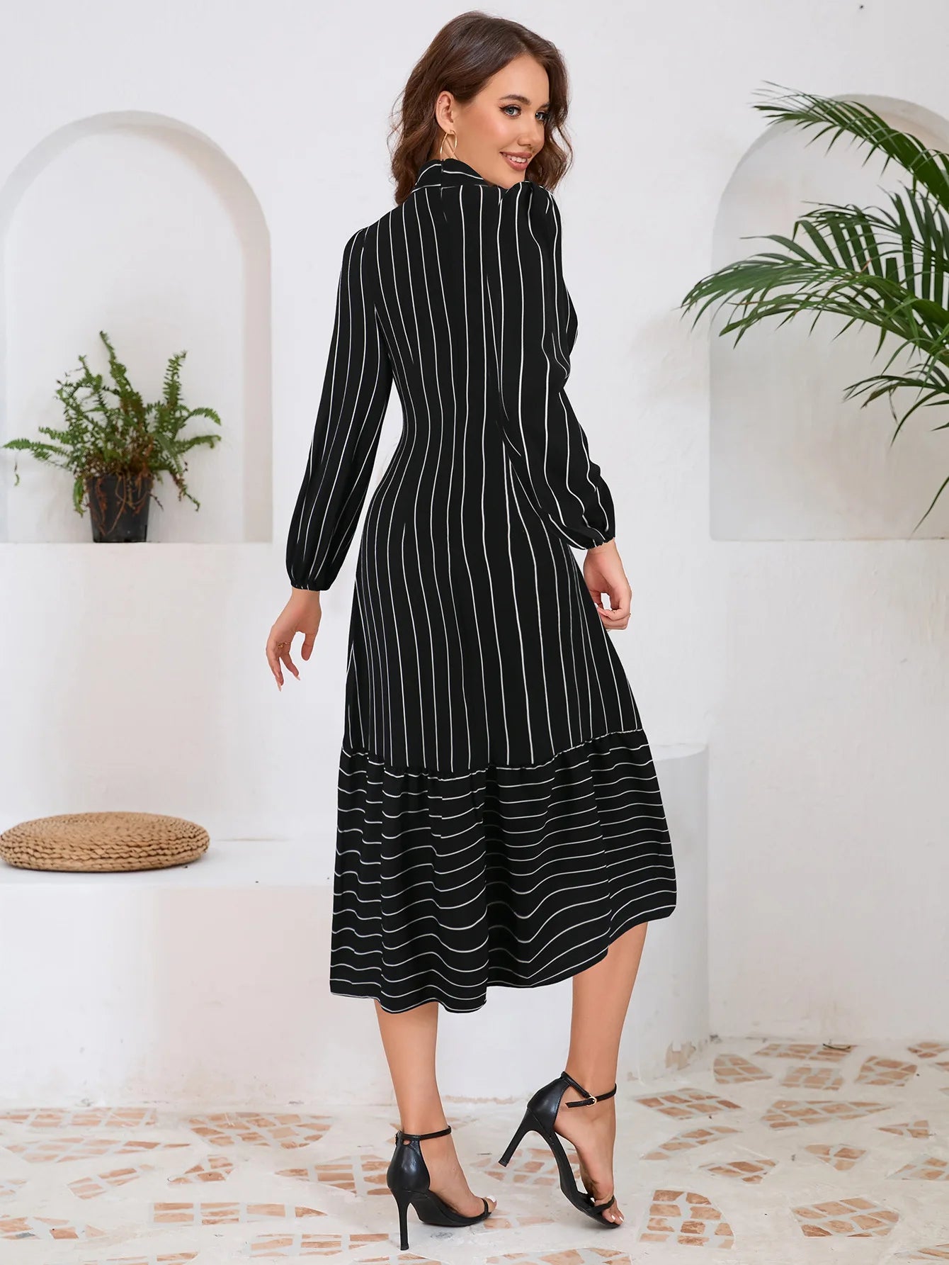 Women's Dresses Formal Fashion Office Lady Professional High-end Stand-up Collar Thin Striped Party Dress Vestidos De Mujer