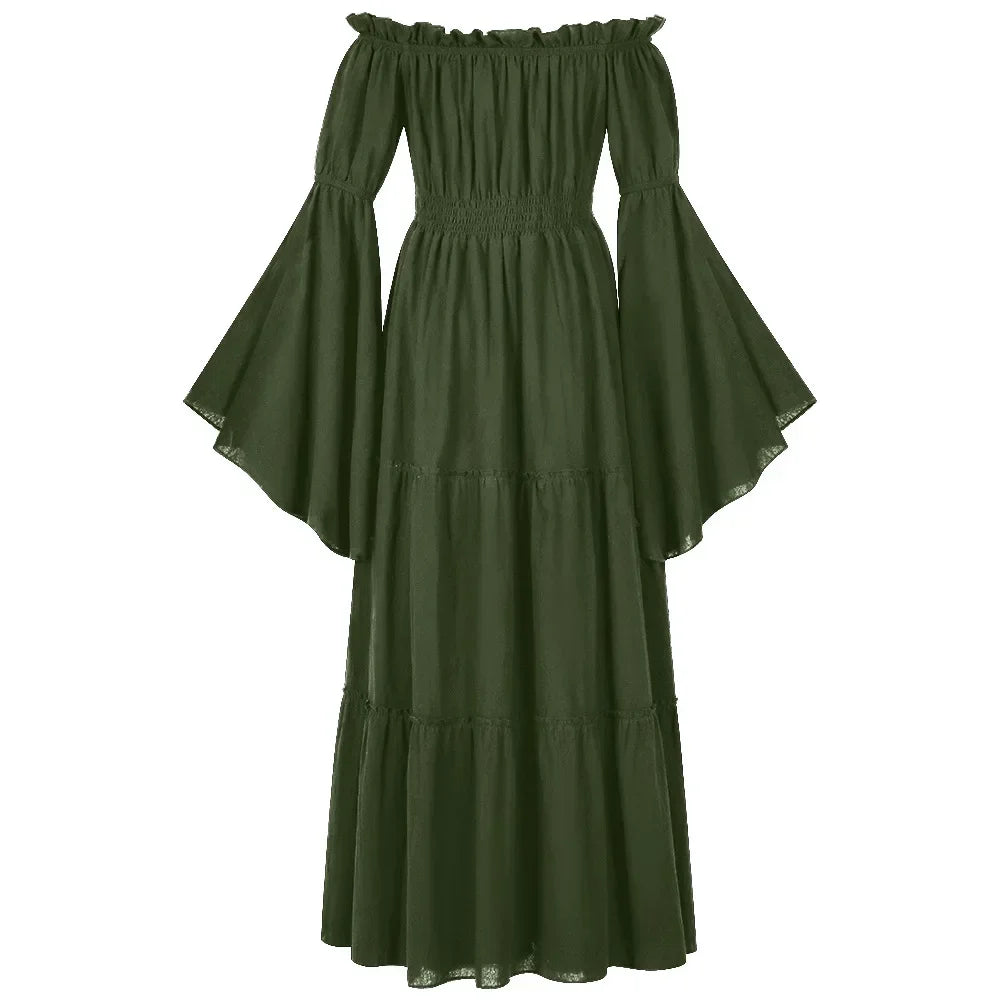 Women Renaissance Irish Dress Off Shoulder Medieval Peasant Dress Pirate Costume Wench Retro Gown Smocked Waist Maxi Long Dress