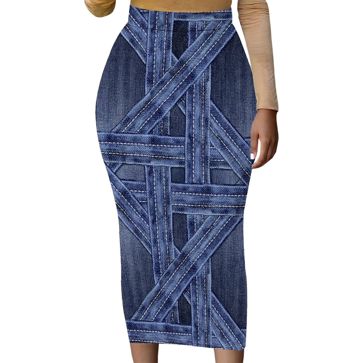 Womens Long Cotton Patchwork Stretch Denim Skirt a Line Flared Jean Maxi Skirt