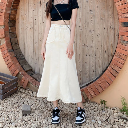 Apricot Denim Skirt Summer Women's 2024 New High Waist Slim Fashion Design Pocket Hip A-line Ankle-length Jean Skirt