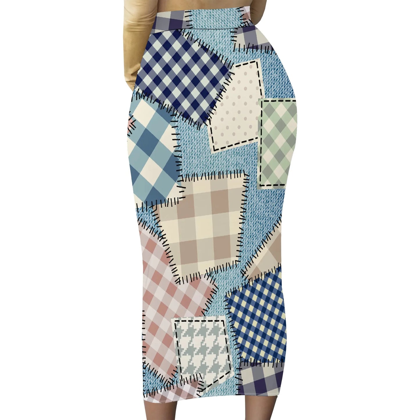 Womens Long Cotton Patchwork Stretch Denim Skirt a Line Flared Jean Maxi Skirt