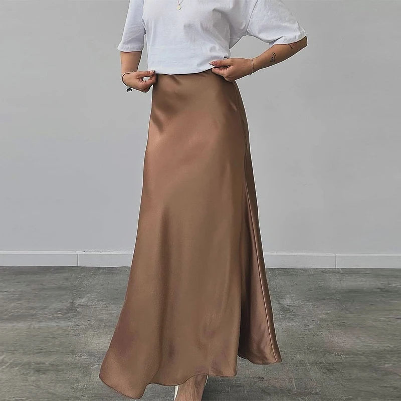 TRAF Women's Skirt Summer Elegant Satin Skirt Stylish Lady High Waist Skirts Cylinder Green Black Skirt Woman Office Street Wear