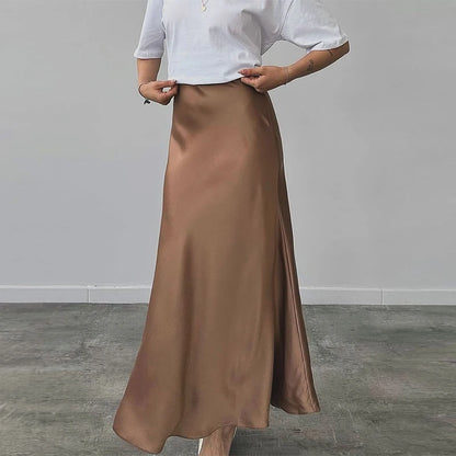 TRAF Women's Skirt Summer Elegant Satin Skirt Stylish Lady High Waist Skirts Cylinder Green Black Skirt Woman Office Street Wear