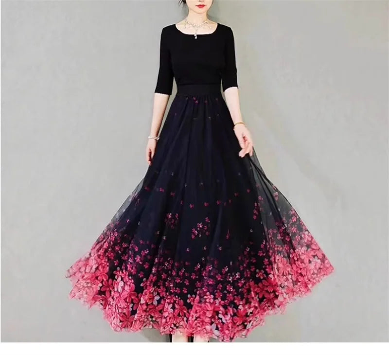 Skirt Women's Long Skirt 2024 New High Waist Slim A-line large Swing Skirt Female A-Line Skirts Summer Sakura Gradient Long Skir