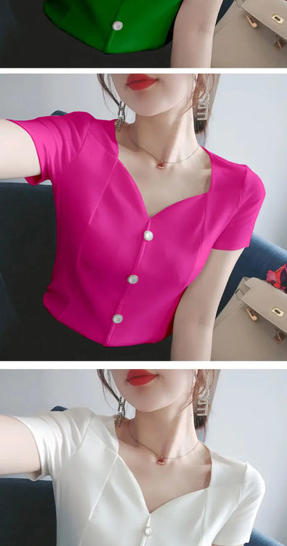 Womens Tops And Blouses Summer Short Sleeve Blouse Women Blusas Mujer De Moda 2022 Turtleneck Knitted Blouse Shirt Tops
