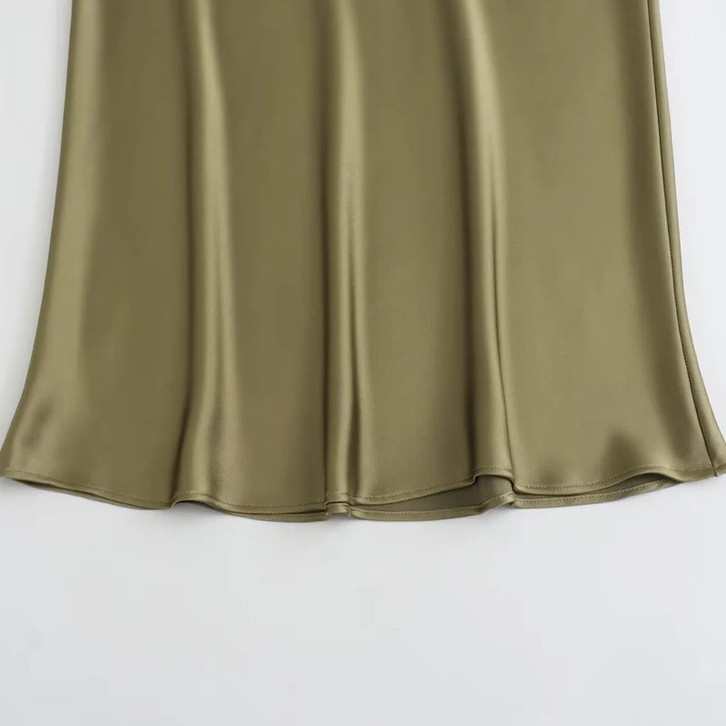TRAF Women's Skirt Summer Elegant Satin Skirt Stylish Lady High Waist Skirts Cylinder Green Black Skirt Woman Office Street Wear