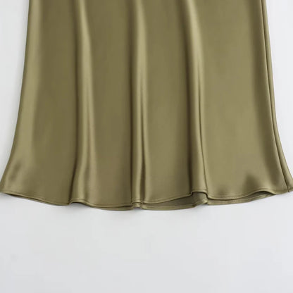 TRAF Women's Skirt Summer Elegant Satin Skirt Stylish Lady High Waist Skirts Cylinder Green Black Skirt Woman Office Street Wear