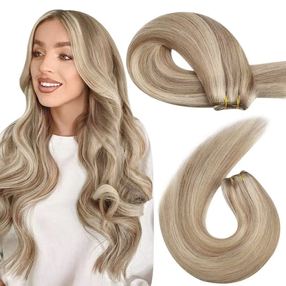 Moresoo Human Hair Bundles Weave in Double Wefted Machine Remy Hair Balayage Hair Pieces for Women Straight Weft Hair Extension