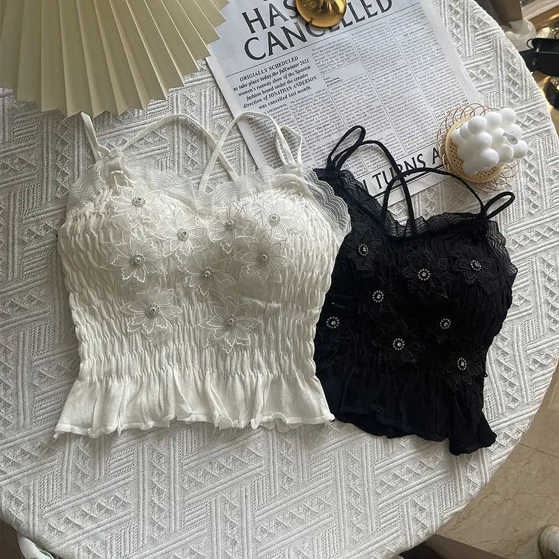 Summer Woman Clothes y2k Tops French Diamond Appliqué Camisole Bottoming Shirt Lace Crop Top Women's Folds Spaghetti Strap Tops
