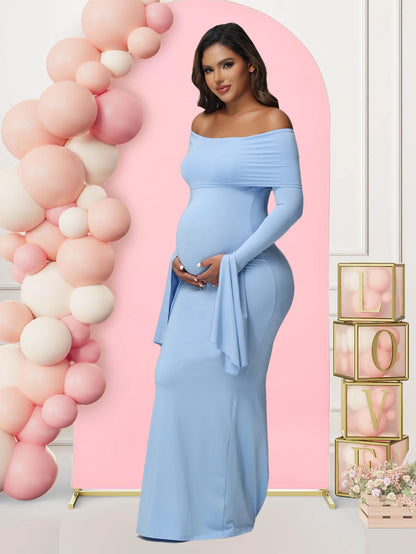Women Maternity Dresses For Photoshoot Sexy Off Shoulder Long Sleeve Bodycon Pregnancy Baby Shower Maxi Gown