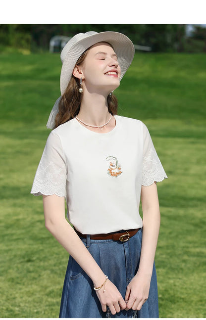 I BELIEVE YOU Top For Women 2025 New Summer T-shirt White O-Neck Studded Beads Embroidery Splicing Commuting T-shirt 2252016014