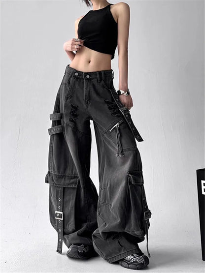 Women Jeans Design Deconstructes Drifting Strips Broken Holes Black Jeans For Women 2025 Spring New Multi Pocket Wide Leg Pants