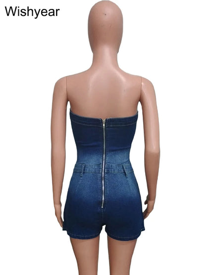 Sexy Blue Denim Strapless Skirts Shorts Women Summer Off Shoulder Jean Playsuits Rompers Streetwear Beach Club Short Jumpsuits