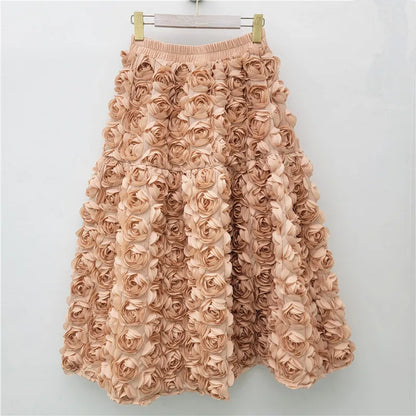 Skirt for Women 2025 Summer Versatile Three Dimensional Flower Mid-calf Skirt High Waist Big Swing Fashion A-line Long Skirts