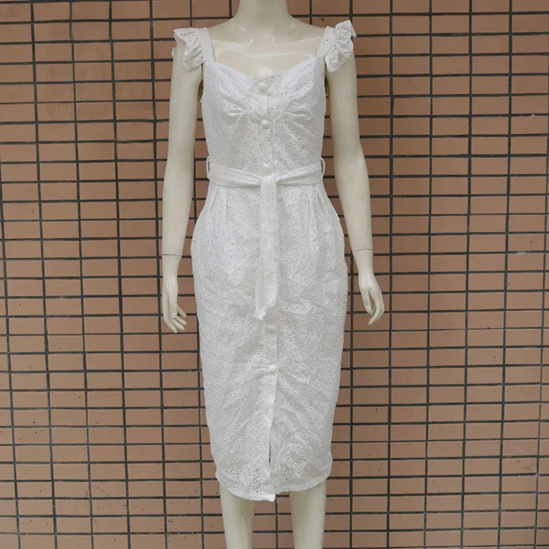 Women White Dress Lace Up Sexy Midi Vestidos Ruffles Sleeveless Bodycon Female Dresses 2022 Buttons Belt Elegant Ladies Clothes
