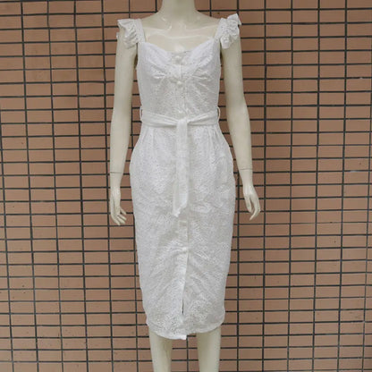 Women White Dress Lace Up Sexy Midi Vestidos Ruffles Sleeveless Bodycon Female Dresses 2022 Buttons Belt Elegant Ladies Clothes