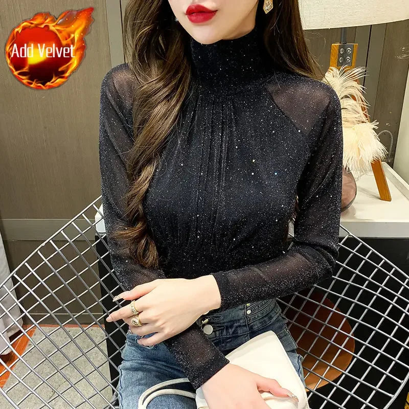 Tops Woman Autumn Winter Red Long Sleeve T Shirt for Women Rhinestone Turtleneck Glitter Sequin Cheap Clothes Elegant Clearance