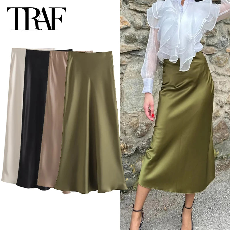 TRAF Women's Skirt Summer Elegant Satin Skirt Stylish Lady High Waist Skirts Cylinder Green Black Skirt Woman Office Street Wear