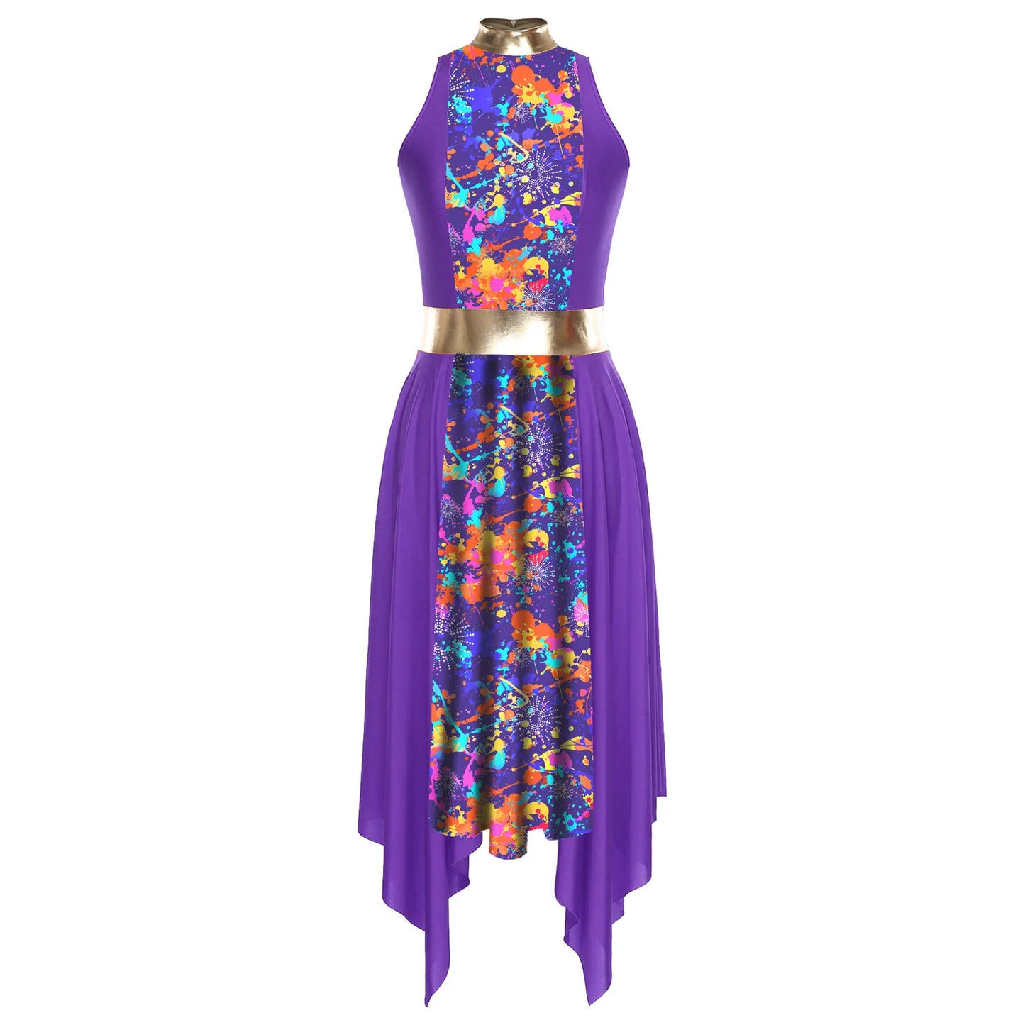 Women Modern Lyrical Dance Dress Church Choir Worship Praise Liturgical Costume Sleeveless Print Irregular Hem Gown Dancewear