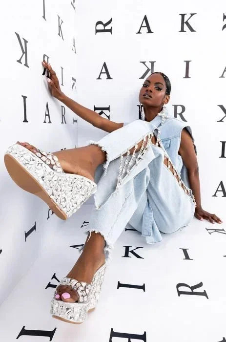 Women Denim Long Jeans with Drill Chains Straight Wide-leg Jeans High Waist Ripped Jeans for Women Summer Thin Side Slit Pants