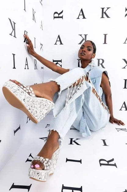 Women Denim Long Jeans with Drill Chains Straight Wide-leg Jeans High Waist Ripped Jeans for Women Summer Thin Side Slit Pants