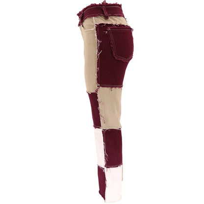 2025 Hot Sale Mixed Color Patchwork Jeans For Women Fashion High Stretch Denim Straight Pants Street Hipster Trousers XS-2XL