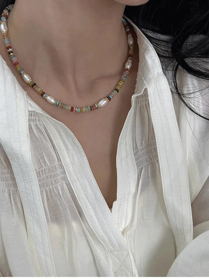 High Quality Colorful Beads Stone Natural Freshwater Pearl Necklaces For Women Retro Gold Color Clavicle Chain Jewelry Gifts