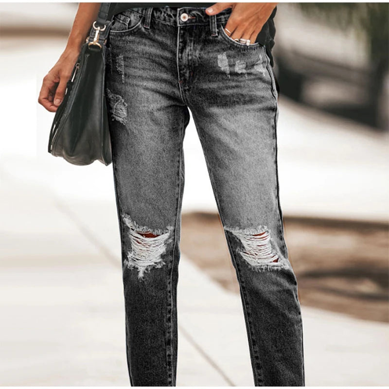 Women‘s Fashion Straight Jeans Casual High Waisted Washed Skinny Trousers Ripped Slim Pants For Lady Commuter 2025 Fashion Trend