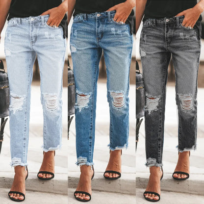 2023 New Women's Mid Waist Ripped Jeans Fashion Casual Ankle-Length Denim Straight Leg Pants Gray/Blue S-2XL Drop Shipping