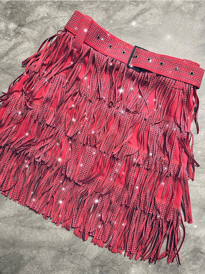 Women Skirt Fashion 2025 New Autumn High Waist Belt Multi Layer Short  Heavy Drilling Rhinestones Fringed Skirt with Cake A Line