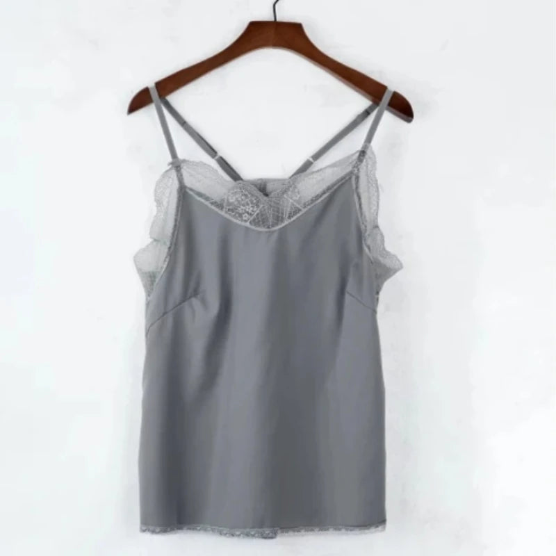 Women Tops  Elegant Tank Top Tube Top Silk Satin Camisole Plain Strappy Vest Tops Sleeveless Blouse French Tuning Delicate Lace