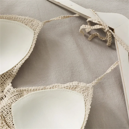 Women Summer Beach Boho Crop Tops Sexy Y2K Knitted Backless Hollow Out Tank Tops Crochet Tassels Hem Halter Bras Bustier Top