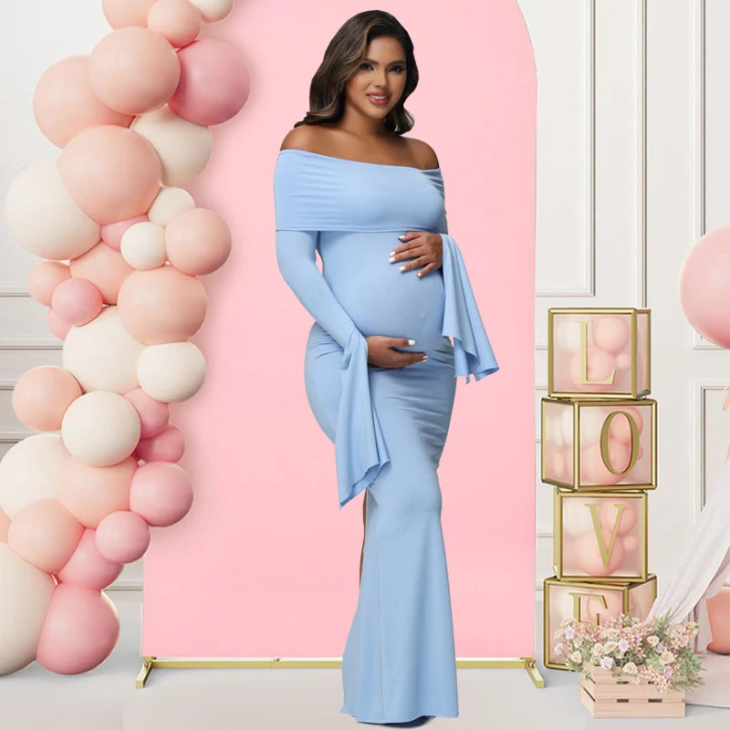 Women Maternity Dresses For Photoshoot Sexy Off Shoulder Long Sleeve Bodycon Pregnancy Baby Shower Maxi Gown