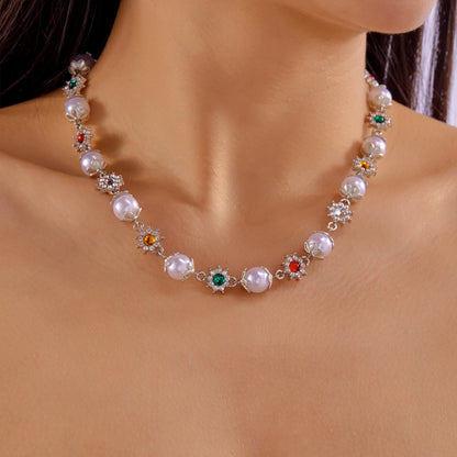 2025 New Flower Necklace For Women Trendy Pearl Patchwork Colorful Flower Neck Chain Light Luxury Jewelry Neck Accessories