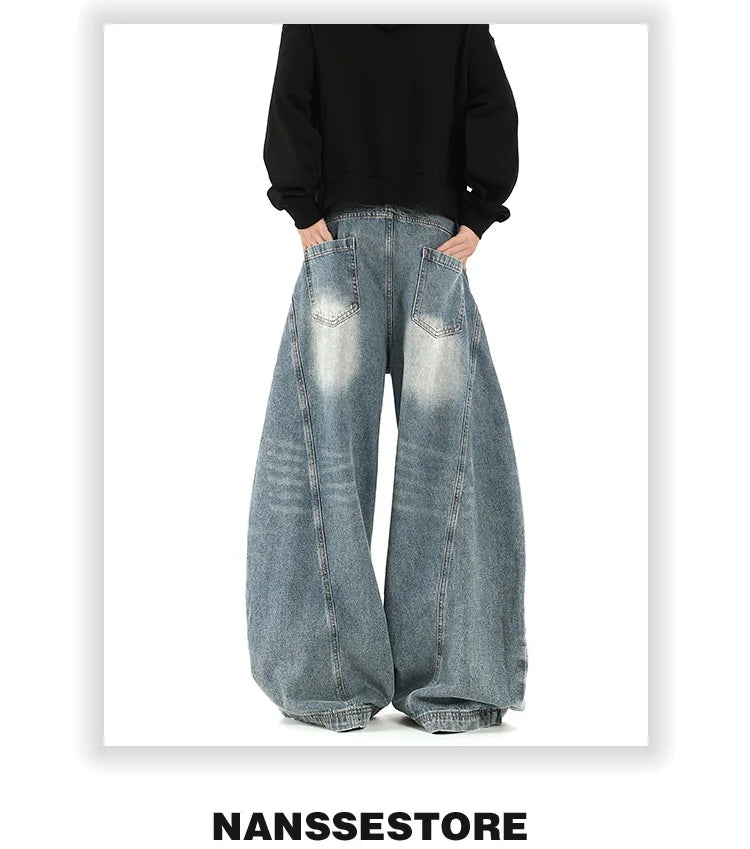 Women Blue Jeans Cargo Pants Streetwear High Waist American Wide Leg Pants Fashion Y2K Style Female Winter Straight Trousers