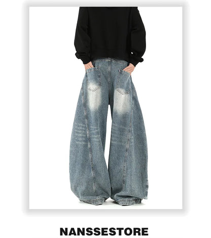 Women Blue Jeans Cargo Pants Streetwear High Waist American Wide Leg Pants Fashion Y2K Style Female Winter Straight Trousers