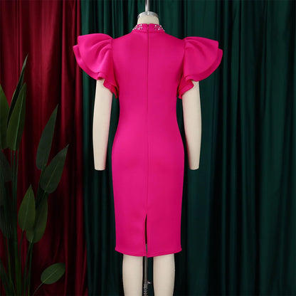 Elegant Dresses for Women O Neck Ruffles Sleeve Beaded Sheath Package Hips Mid Calf Luxury Birthday Party Dinner Vestidos Mujer