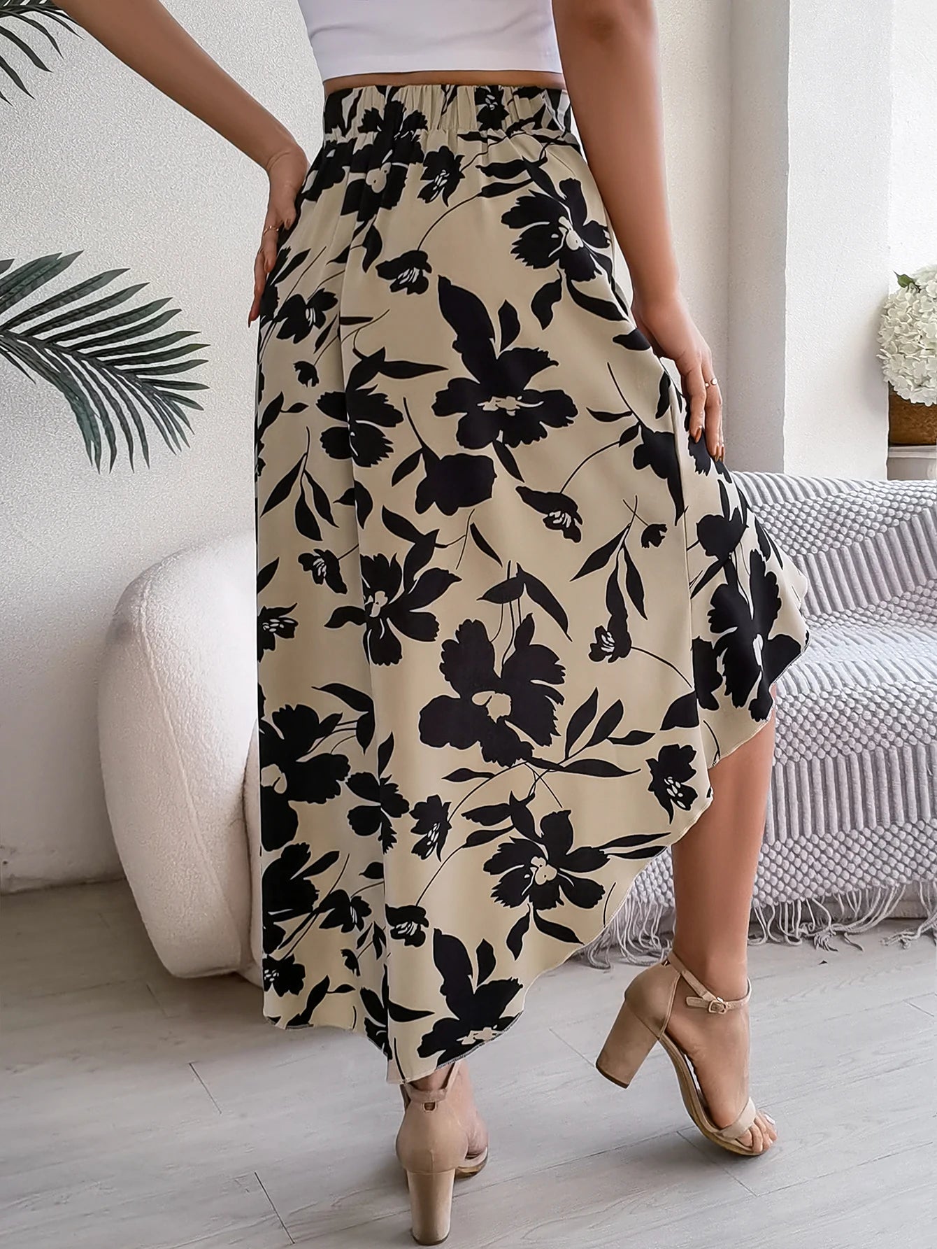 Spring Summer Skirts for Women Casual Floral Print Asymmetric Ruffle Edge Skirt