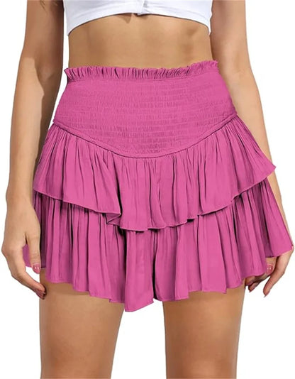 Women's High Waist Ruffle Pleated Mini Skirts Solid Lined Layered Flared Flowy Casual Swing Summer Boho Beach Mini Short Skirt