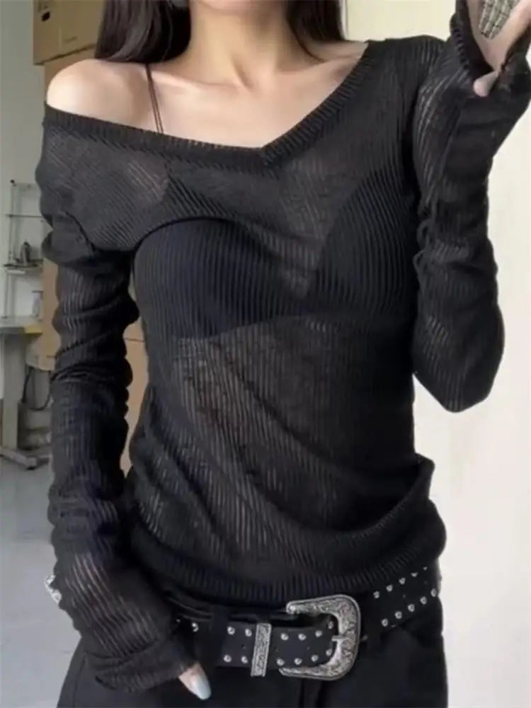 Summer Tops for Woman Elastic Basic T-shirts Female Casual Tops Long Sleeve Sexy Thin T-shirt See Through Y2k Clothing