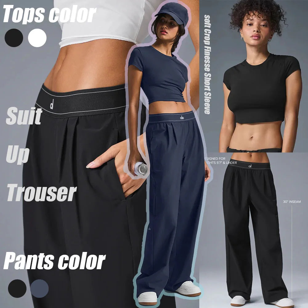 AL Yoga Pants Suit Up Trouser Sports Women's High Waisted Straight Leg Wide Pants Versatile Soft Crop Finesse Short Sleeve