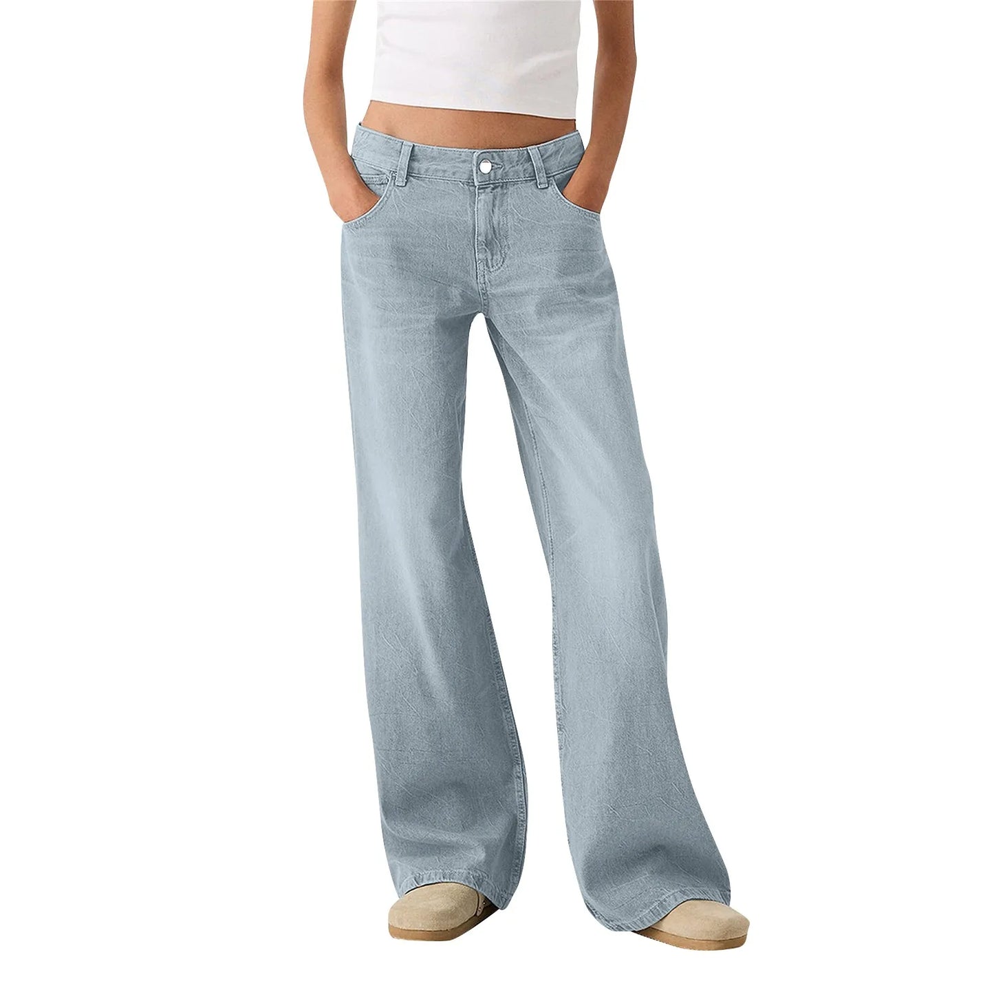 Women Fashion Denim Jeans Retro Ladies Loose Straight Pants Mid Waist Button Pocket Trousers Casual De Mujer Pantalon Femme