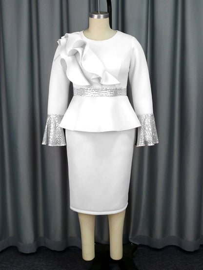 Church Dresses for Women Elegant Ruffles Long Flare Sleeves Sequined Party Bodycon Peplum Classy Occasion African Wedding Guest